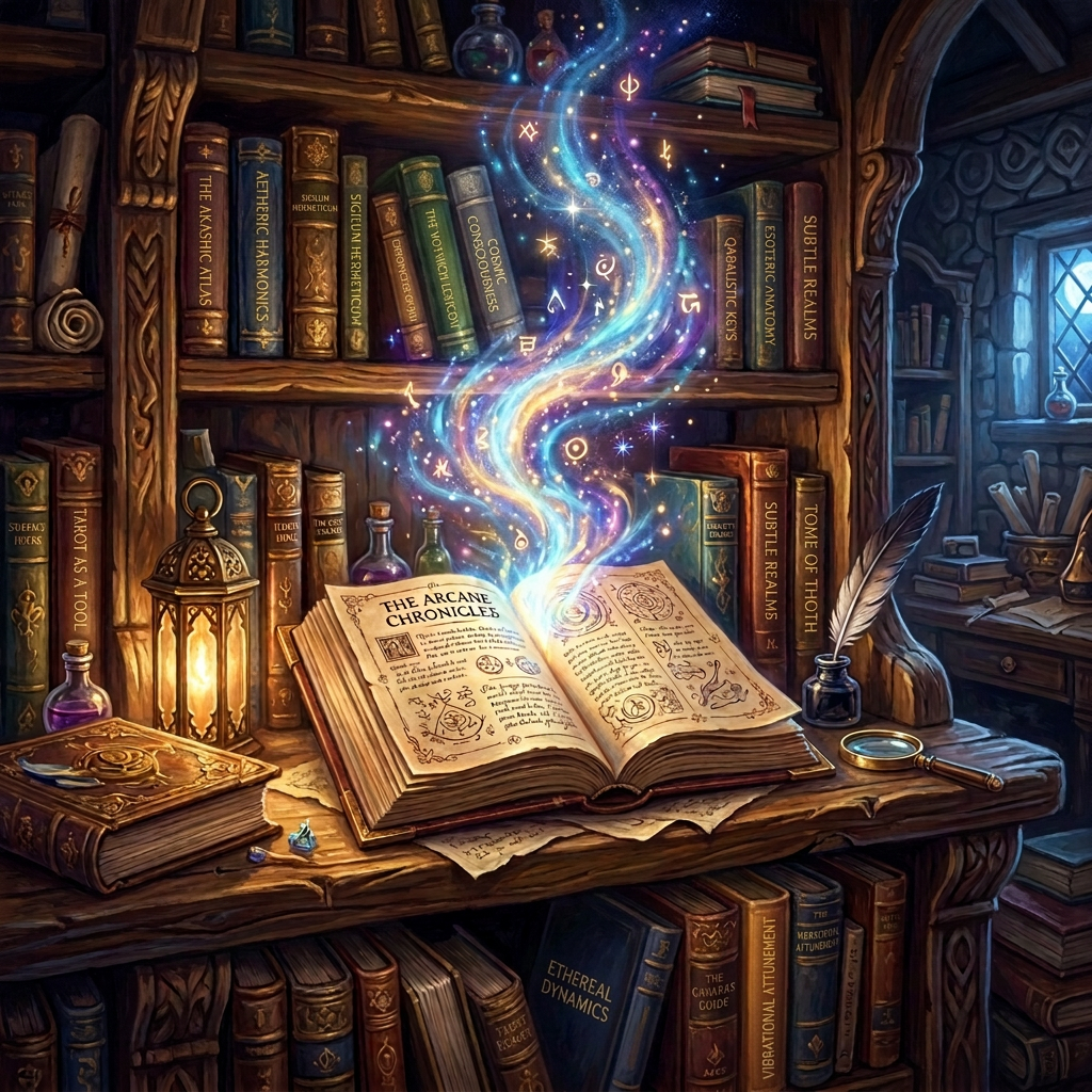 Open magical spellbook with glowing runes floating above in a cozy library.